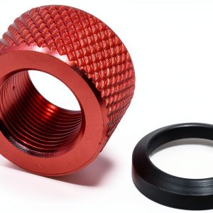 Red 5/8x24 Thread Protector Aircraft-Grade T6061 Aluminum, Classic Knurled Finish, with Black Steel Crush Washer-0